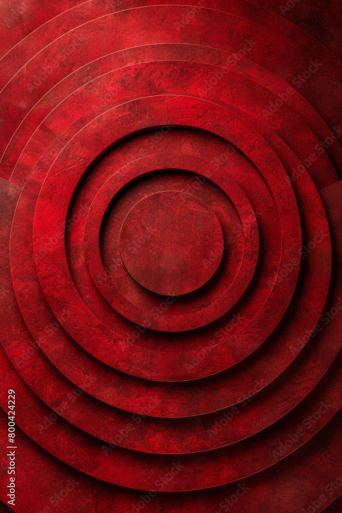 Poster A composition with several concentric circles, each a slightly darker shade of red, emanating from a central point,