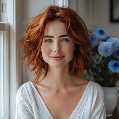 Fototapeta premium A woman with long brown hair is smiling and looking at the camera