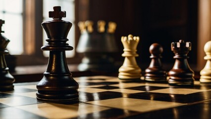 Chess game concept of business ideas and competition and strategy ideas. A wooden chessboard captures the essence of strategic gameplay