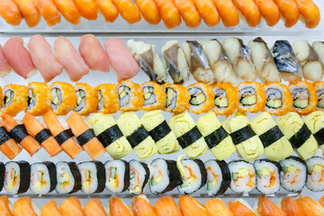 Sushi and Sashimi buffet line, Japanese food