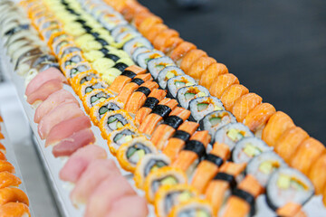 Sushi and Sashimi buffet line, Japanese food