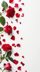 red roses flowers and petals isolated on white background. Valentine's day Floral frame composition. Empty copy text space.