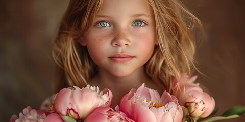 Naklejka premium Little girl holding bouquet of peonies