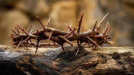 Close-up of Rustic Crown of Thorns on Weathered Wood
