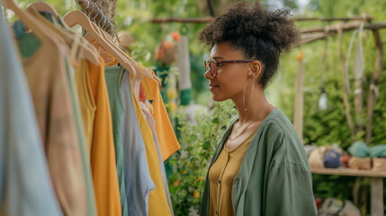 Sustainable Style: Cheerful Woman at Eco-Friendly Clothing Stall. Generative AI