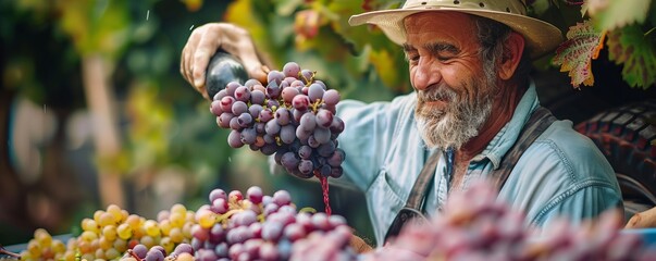 Aged male farmer pouring grapes into truck in vineyard