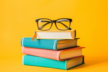 Eyeglasses on top of colorful stacked books