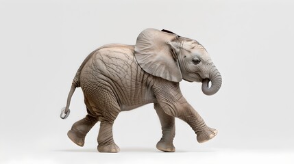 Obraz premium Cheerful Baby Elephant Walking Isolated on White. Captivating Wildlife Portrait. Perfect for Children's Illustration and Nature Themes. AI