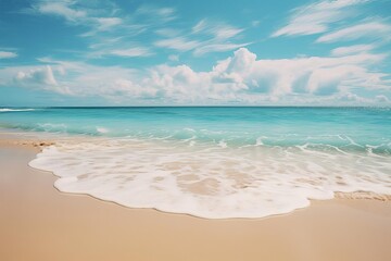 Sandy beach background with gentle waves lapping at the shore, calming and serene for tranquil projects