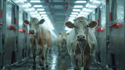 Group of Cows Walking Down Hallway