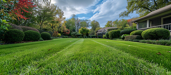 Newly mowed lawn in a residential yard, perfect for summer relaxation and outdoor leisure.
