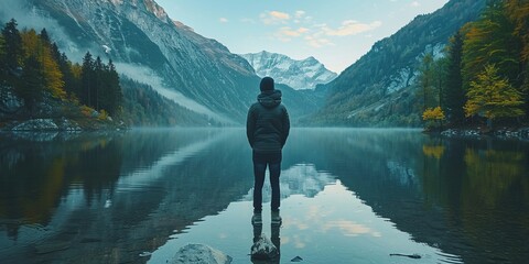 Fototapeta premium Man standing near calm lake in mountains during vacation