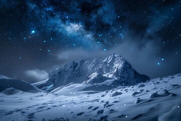 A high-altitude, snowy mountain pass, untouched by footprints, under a starry night sky