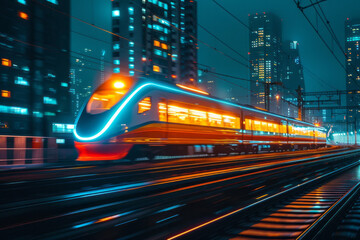 A sleek image of speeding metro lights, blurring into colorful lines against a night cityscape, symbolizing urban development,