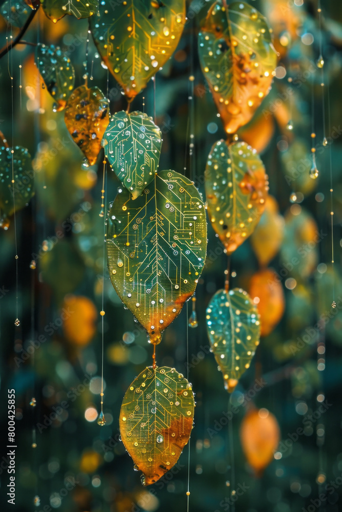 Poster a background featuring a cascade of falling leaves, each leaf transitioning from green to technology