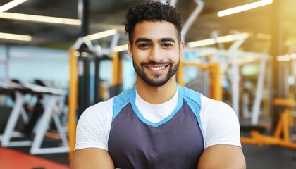 Muscular man in sportswear, smiling and looking at the camera on the background of the gym