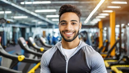 Muscular man in sportswear, smiling and looking at the camera on the background of the gym