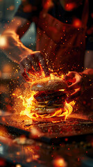 A man is cooking a burger on a grill with flames