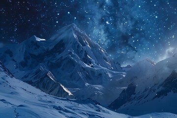 A high-altitude, snowy mountain pass, untouched by footprints, under a starry night sky