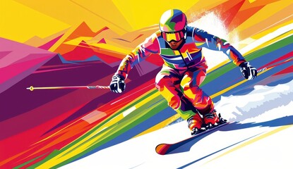 A skier in a colorful ski suit skis down the mountain