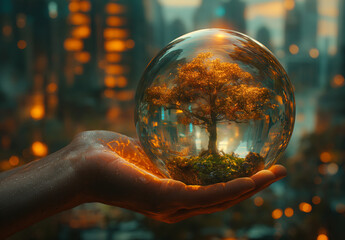 A striking image featuring a hand holding a glass sphere with a vibrant tree and illuminated cityscape
