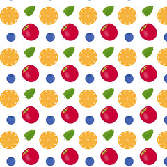 Seamless pattern for packaging and wrapping paper. Red juicy apple and round orange slice. Blue blueberries and mint leaf white background. Vector cartoon illustration. Print for textiles and fabric.