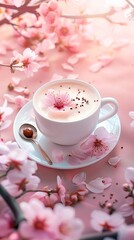 Obraz na płótnie Canvas beautiful romance a cup of latte tea or chocolate serve with cherry blossom flower branch, spring season and national spring festival theme drink