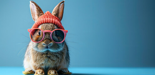 This whimsical rabbit sports sunglasses and a red knitted hat against a blue background, exuding hipster charm