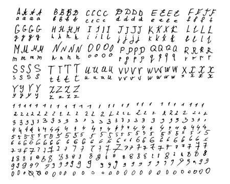 Alphabet and numbers are handwritten in black pen scrawl on white background. Doodle style English letters are uppercase and small in different styles. Numbers drawn black capillary pen.