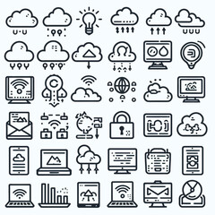 outline cloud computing set icon silhouette vector illustration white background, cloud services, server, cyber security, digital transformation. Outline icon collection. Editable stroke