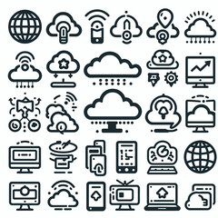 outline cloud computing set icon silhouette vector illustration white background, cloud services, server, cyber security, digital transformation. Outline icon collection. Editable stroke