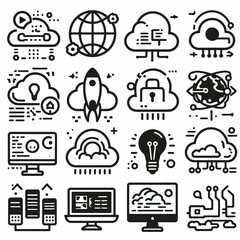 outline cloud computing set icon silhouette vector illustration white background, cloud services, server, cyber security, digital transformation. Outline icon collection. Editable stroke