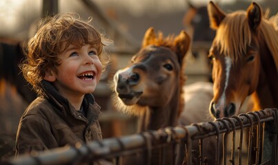 A young boy laughs as he pets a group of horses behind a metal fence