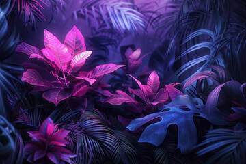 A neon jungle scene where fluorescent plants and animals shine against a deep, dark background, creating a surreal ecosystem,