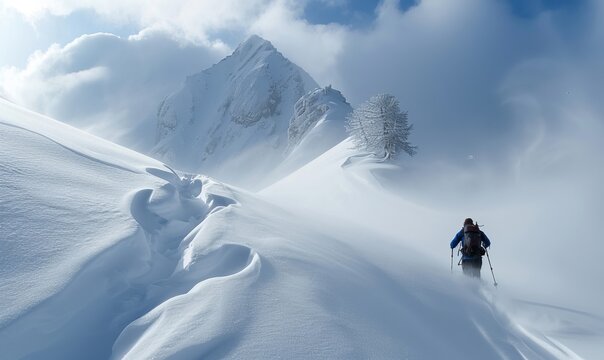 Man running through the deep snow on a mountain. Achenkirch, Tirol, Austria