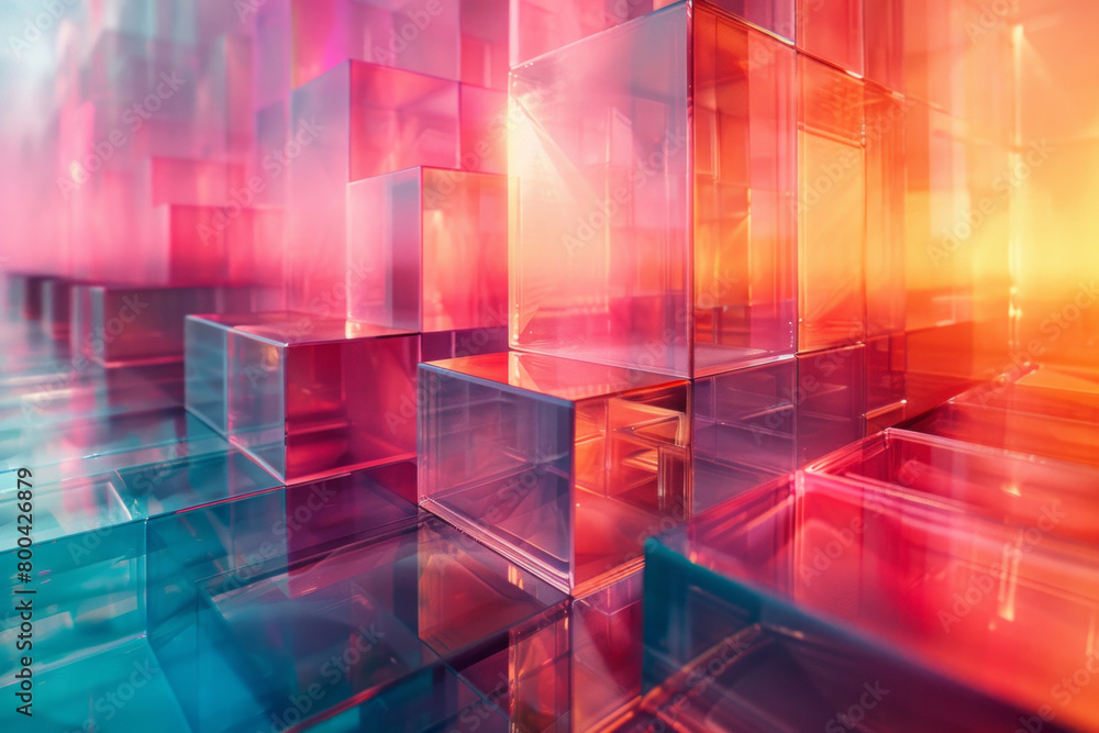 Poster a modern abstract piece featuring neon geometric shapes that intersect and overlap, creating depth a