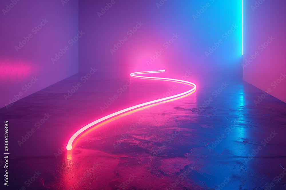 Poster a minimalist design with a single neon line bending and twisting in space, forming a futuristic lett