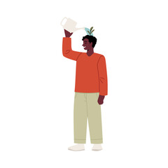 Happy young man watering flower in head flat style, vector illustration