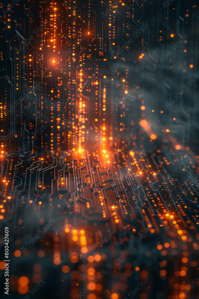 Poster an abstract design featuring circuit board patterns interwoven with glowing lines of code, suitable 