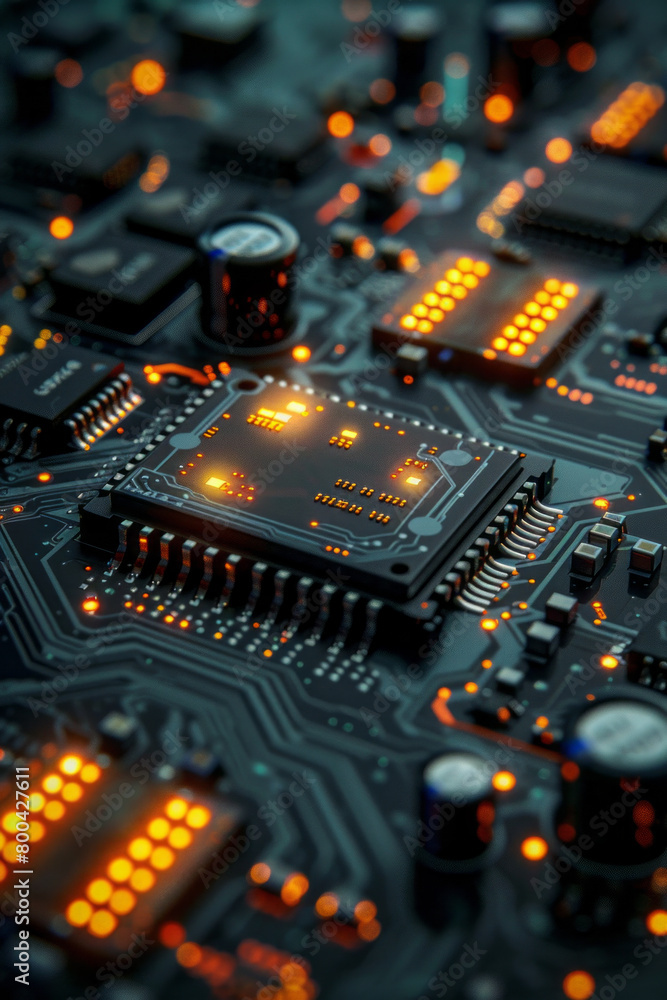 Poster an abstract design featuring circuit board patterns interwoven with glowing lines of code, suitable 