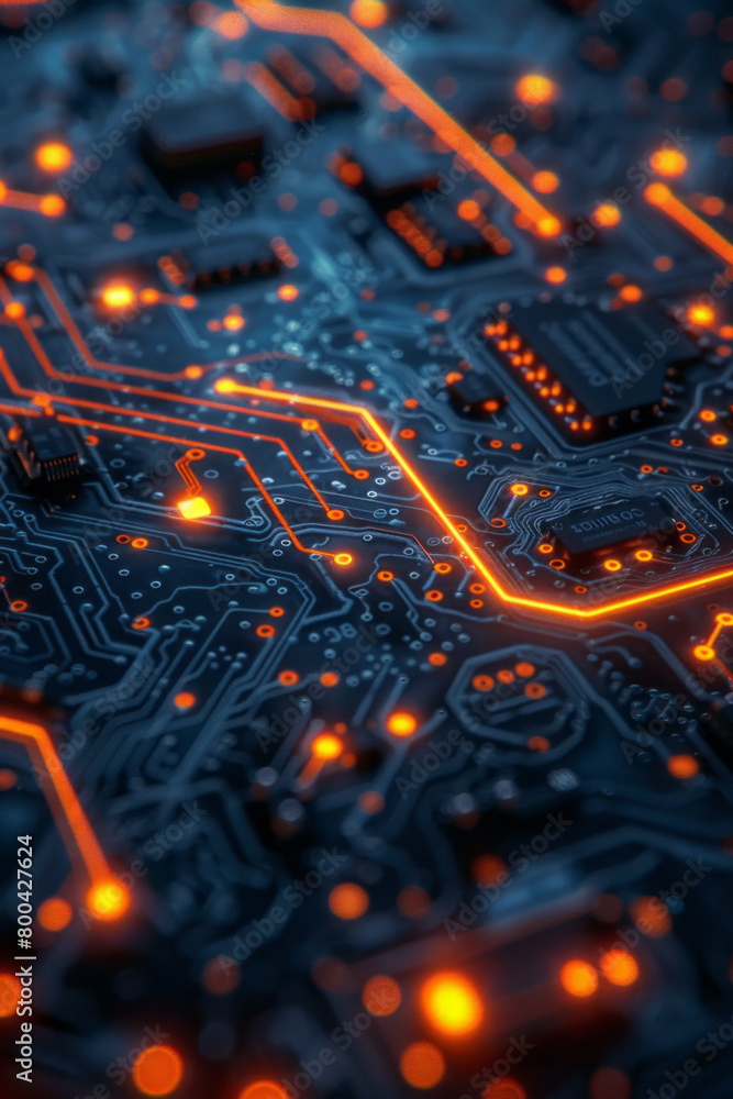 Poster an abstract design featuring circuit board patterns interwoven with glowing lines of code, suitable 