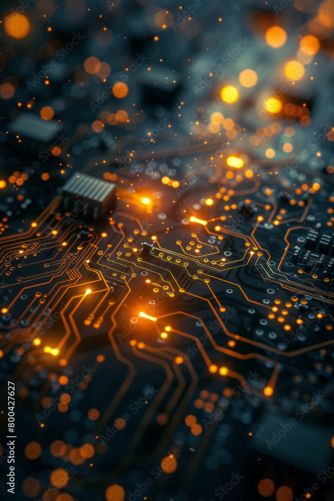 Poster an abstract design featuring circuit board patterns interwoven with glowing lines of code, suitable 