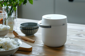 A compact rice cooker with a carrying handle, convenient for transporting and serving.