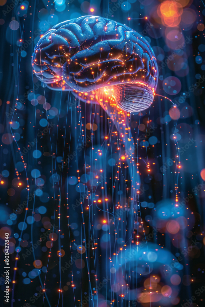 Poster a digital brain interface illustrated with neural connections and data streams, fitting for neurotec