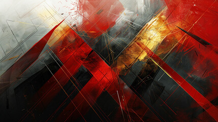 Bold reds and deep blacks intersect with golden lines in abstract geometry.