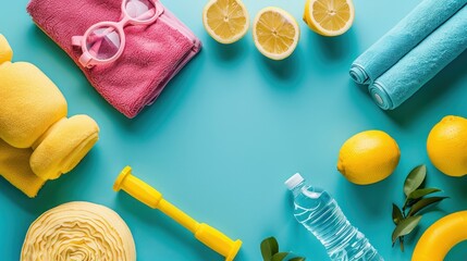 Workout equipment for training at home, captured from a top view. The image showcases fitness and workout items, emphasizing the concept of a healthy lifestyle.