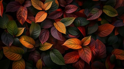 Seamless natural texture of vibrant, multicolored leaves in various shades, perfect for seasonal backgrounds or design elements