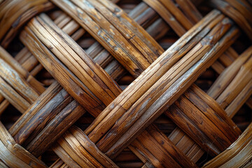 A detailed view of woven wicker, emphasizing the crossover patterns and fiber textures, - obrazy, fototapety, plakaty