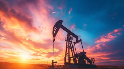 Oil pump against the background of the bright colors of the sunset sky