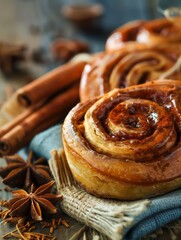 cinnamon bread with spices and cinnamon sticks over a table